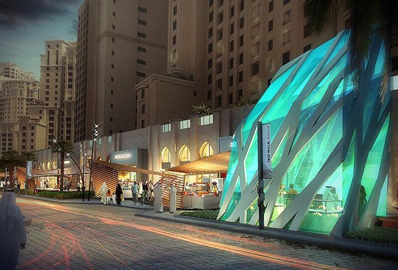 A rendering of the planned renovations to The Walk JBR, which include new shaded areas to food and beverage and retail outlets along The Walk at street level. Courtesy Dubai Properties Group