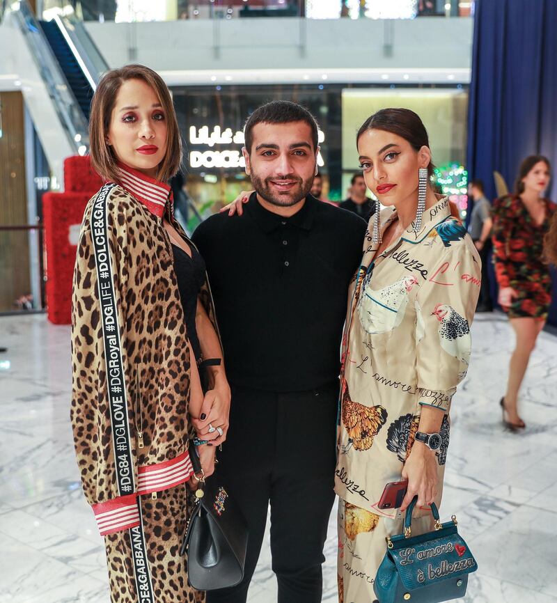 Dubai, U.A.E., October 7,  2018. Dolce & Gabbana Fashion Show, Dubai Mall.--(L-R) Lana El Sahely, Firras Alwahabi, Karen Wazen
Victor Besa / The National
Section:  Fashion
Reporter:  Selina Denman