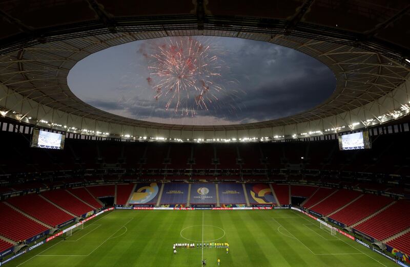 Fireworks explode above Brazil's Mane Garrincha Stadium ahead of the opening match of the Copa America 2021 between Brazil and Venezuela. EPA