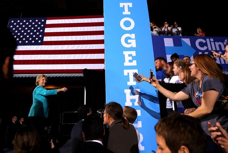 CLEVELAND, OH - NOVEMBER 06:  Democratic presidential nominee former Secretary of State Hillary Clinton greets supporters during a campaign rally at the Cleveland Public Auditorium  on November 6, 2016 in Cleveland, Ohio. With two days to go until election day, Hillary Clinton is campaigning in Florida and Pennsylvania.  (Photo by Justin Sullivan/Getty Images)