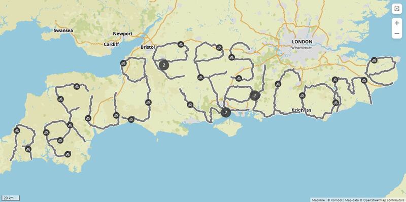 Thighs of Steel, a community of cyclists, has set a Guinness world record for the largest GPS drawing via bicycle, spelling out 'refugees welcome' using GPS trackers. All photos: PA