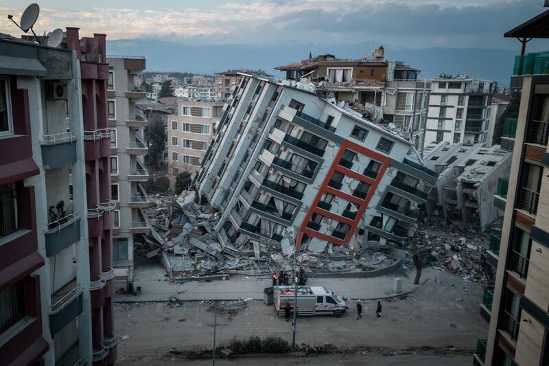 A destroyed apartment block in Hatay, Turkey. Getty