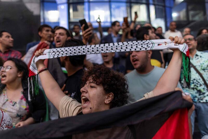 Egyptian journalists during a protest in solidarity with Palestinians at the headquarters of the Syndicate of Journalists in Cairo on Wednesday. AFP