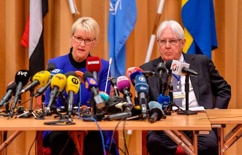 Swedish Foreign minister Margot Wallstrom (L) and UN special envoy to Yemen Martin Griffiths  attend the opening press conference of the Yemeni peace talks at Johannesberg castle in Rimbo, Sweden on December 6, 2018.
 The Sweden talks mark the first attempt in two years to broker an end to the Yemen conflict, which has killed at least 10,000 people since 2015 and triggered what the UN calls the world's worst humanitarian crisis. - Sweden OUT
 / AFP / TT News Agency / Stina STJERNKVIST
