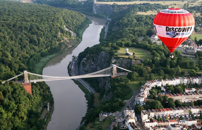 A hot air balloon flies over the Clifton Suspension Bridge in 2006