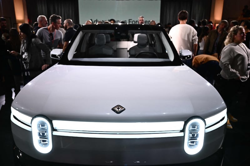 The Rivian R2 at its launch in Laguna Beach, California. The electric vehicle is expected to start at about $45,000. AFP
