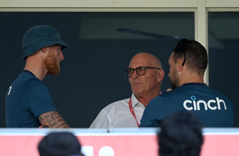 England captain Ben Stokes and coach Brendon McCullum talk to match referee Geoff Crowe after the third Test against India in Rajkot. Getty Images