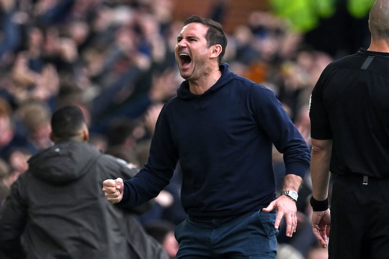 Everton manager Frank Lampard celebrates after Richarlison's goal. AFP