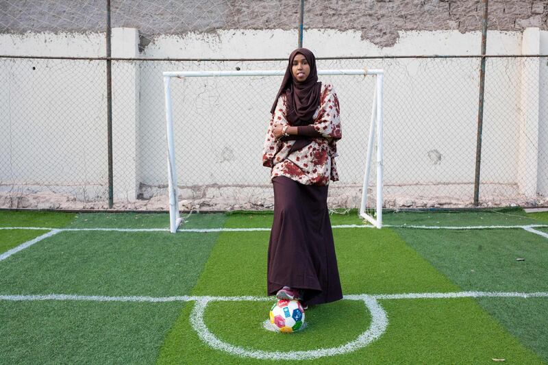 Somali football coach and player Marwa Mauled Abdi, 24, poses at the football ground of Ubah fitness center, the first football field exclusively opened for women, in Hargeisa, the capital of Somaliland, northwestern Somalia Mustafa Saeed / AFP Photo