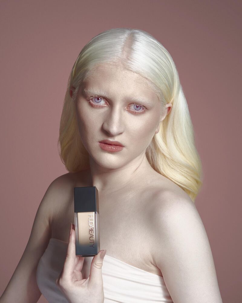 UAE resident Iman Somani, who has albinism, was recently featured in a campaign for Huda Beauty’s Faux Filter Stick Foundation shade Milkshake. Courtesy Moez Achour