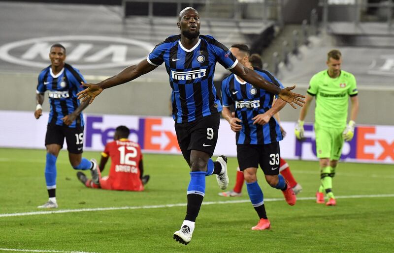 Inter Milan's Romelu Lukaku celebrates scoring his team's second goal  in their Europa League quarter-final victory against Bayer Leverkusen in Dusseldorf on Monday, August 10. EPA