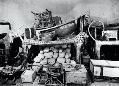 A group of objects found in the antechamber of King Tutankhamen's burial tomb, including a couch devoted to Hathor, goddess of the West, from the 18th Egyptian Dynasty. (Photo by Hulton Archive/Getty Images)