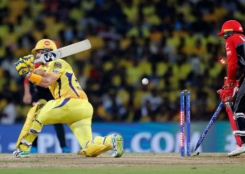 Chennai Super Kings' Shane Watson, left, is bowled out by Royal Challengers Bangalore's Yuzvendra Chahal during the VIVO IPL T20 cricket match between Chennai Super Kings and Royal Challengers Bangalore in Chennai, India. AP Photo