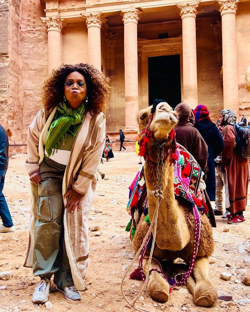 Oprah Winfrey in front of the Treasury at Petra in Jordan. Photo: Instagram / Oprah Winfrey