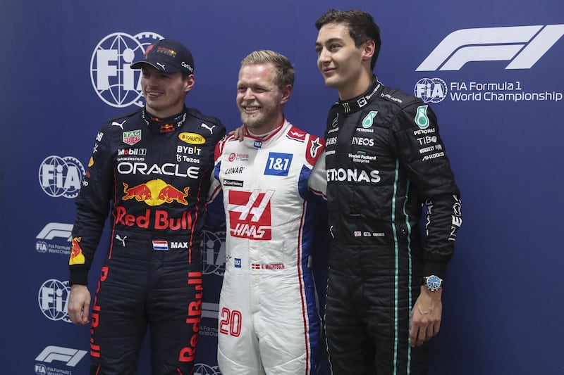 Kevin Magnussen with Max Verstappen and George Russell after the pre-qualification round prior to the Brazilian Grand Prix. EPA