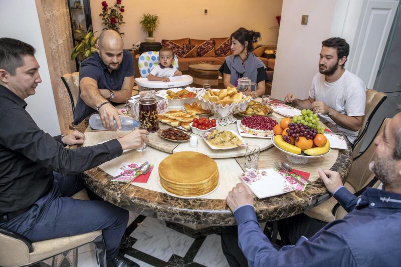 DUBAI, UNITED ARAB EMIRATES. 08 MAY 2018. Iftar at the Afaunov family. Part of a 4 part series of stories on international Iftars and the different foods that muslims of different backgrounds make during Ramadan. This time, we are interviewing a Russian family. (Photo: Antonie Robertson/The National) Journalist: Hala Khalaf. Section: National.