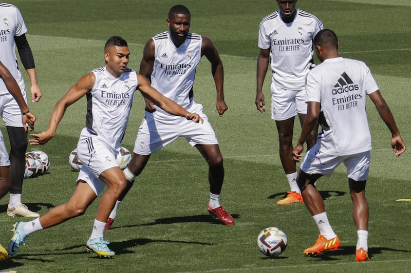 Casemiro and Antonio Rudiger during Real Madrid's training at Valdebebas last week. EPA