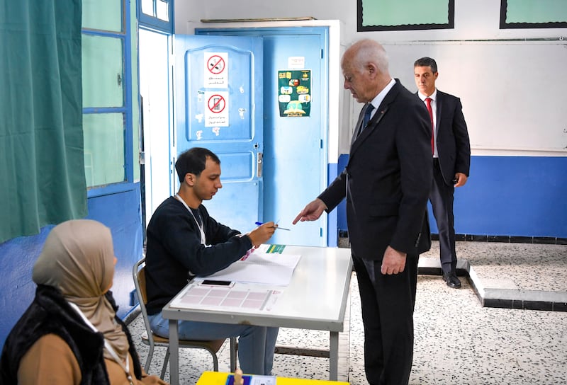 Tunisia's President Kais Saied votes in the legislative elections in Tunis. AP
