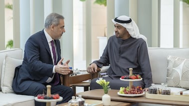 President Sheikh Mohamed and Turkish Foreign Minister Hakan Fidan hold talks in Abu Dhabi. Photo: Wam