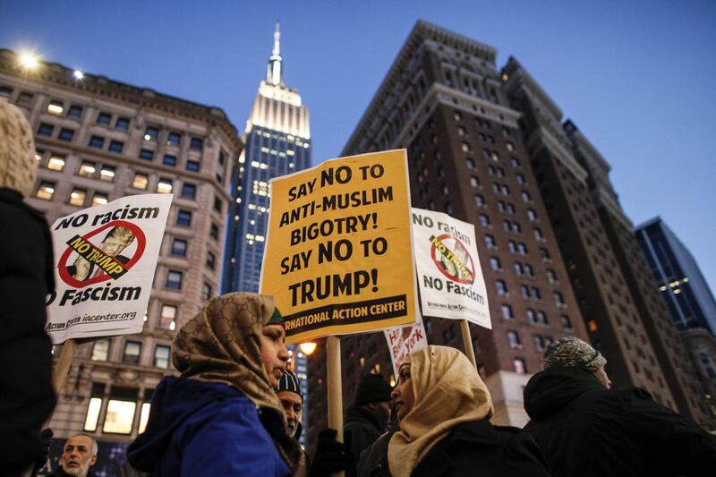 Protesters demonstrate against Donald Trump in New York in December after he proposed a ban on Muslims entering the US. Kena Betancur / AFP.