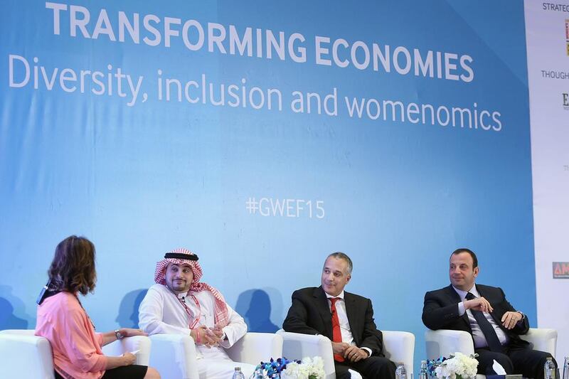 Rachid Ouenniche, third from left, the managing director at Cummins Middle East, spoke in a panel discussion at the Women in Leadership conference held in Abu Dhabi on November 3 last year. Delores Johnson / The National