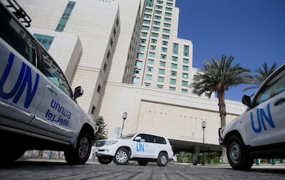 The United Nation vehicles carrying the Organisation for the Prohibition of Chemical Weapons (OPCW) inspectors is seen in Damascus, Syria April 18, 2018. REUTERS/ Ali Hashisho