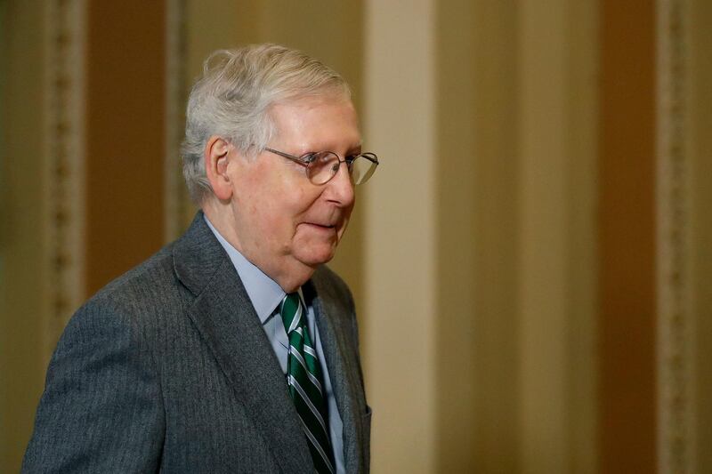 Senate Majority Leader Mitch McConnell, R-Ky., leaves the Senate chamber on Capitol Hill in Washington, Thursday, Jan. 16, 2020. (AP Photo/Julio Cortez)