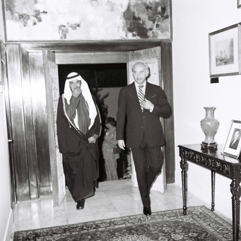 President Zulfikar Ali Bhutto of Pakistan arrives in Abu Dhabi in 1975. Two years later he was deposed by General Zia Al Haq and executed. Al Ittihad