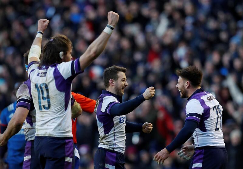 Rugby Union - Six Nations Championship - Scotland vs France - BT Murrayfield, Edinburgh, Britain - February 11, 2018   (L-R) Scotland’s Ben Toolis, Greig Laidlaw and Ali Price celebrate after the match                Action Images via Reuters/Lee Smith