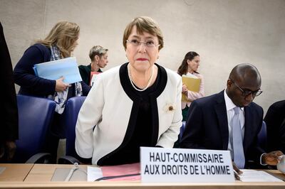 United Nations High Commissioner for Human Rights Michelle Bachelet takes her place to present her annual report before the UN Human right council members on March 6, 2019 in Geneva. / AFP / Fabrice COFFRINI
