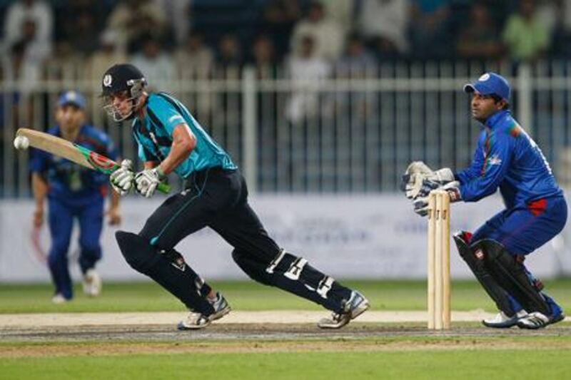 Scotland's Calum MacLeod plays a shot against Afghanistan at Sharjah Cricket Stadium.
