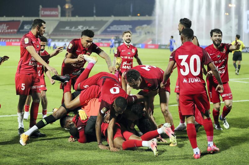 Sharjah, United Arab Emirates - Reporter: John McAuley. Sport. Shabab Al Ahli celebrate winning the match by penalties. Shabab Al Ahli v Al Nasr in the Arabian Gulf Cup Final. Friday, April 9th, 2021. Sharjah. Chris Whiteoak / The National