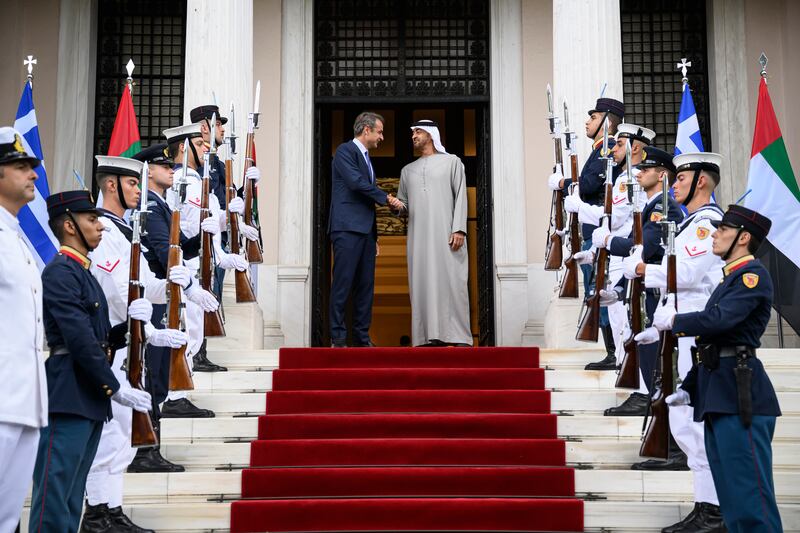 President Sheikh Mohamed is received by Mr Mitsotakis at the Maximos Mansion.