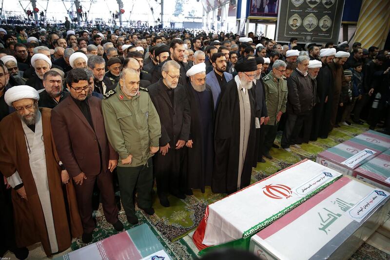 Iran's Supreme Leader Ayatollah Ali Khamenei (front) leading a prayer over the caskets of Qassem Suleimani and Iraqi paramilitary chief Abu Mahdi Al Muhandis at Tehran University in the Iranian capital. AFP