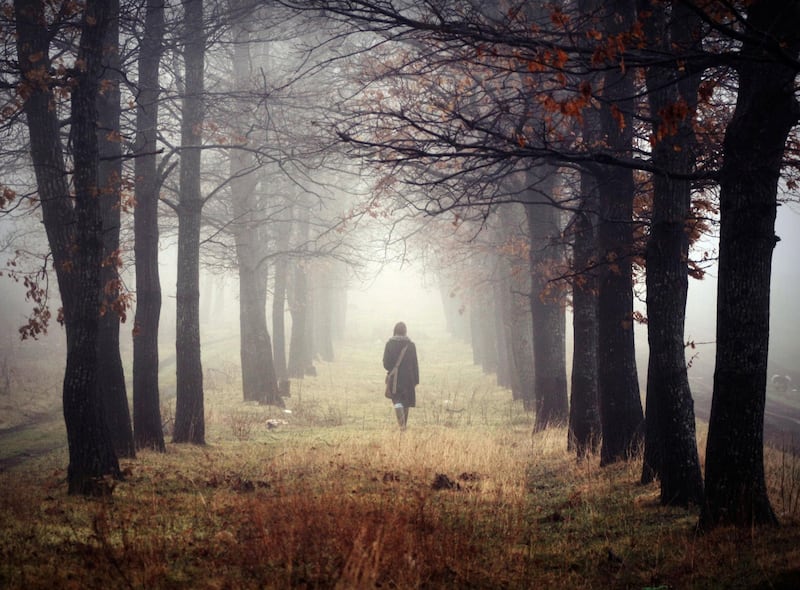 Woman wearing long coat  walking down path in foggy forest.