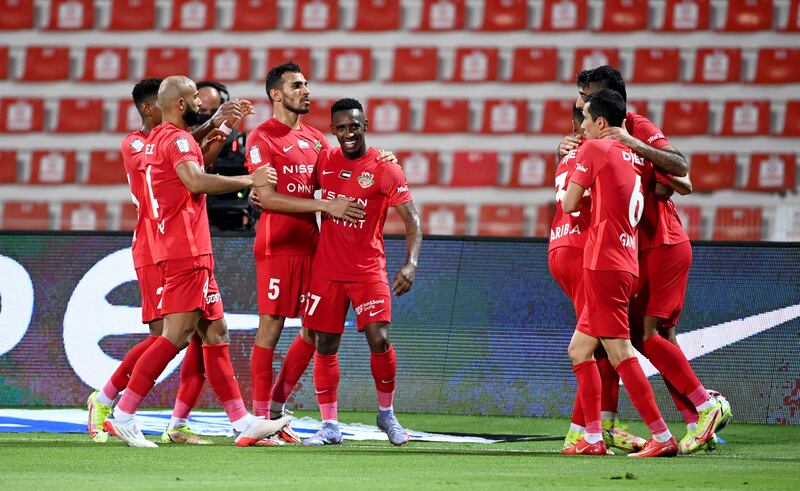 Shabab Al Ahli’s Yuri Cesar, centre, celebrates with teammates after netting the equaliser in their 2-1 win over Al Jazira in the Adnoc Pro League at Rashid stadium on Friday, 23, 2021. Photo: PLC