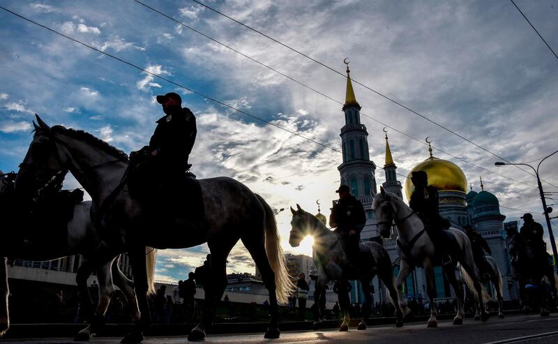 Russian police patrol near the central Mosque in Moscow. Vasily Maximov / AFP