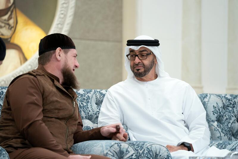 ABU DHABI, UNITED ARAB EMIRATES - November 21, 2019: HE Ramzan Kadyrov, President of Chechnya (L), offers condolences to HH Sheikh Mohamed bin Zayed Al Nahyan, Crown Prince of Abu Dhabi and Deputy Supreme Commander of the UAE Armed Forces (R), on the passing of the late HH Sheikh Sultan bin Zayed Al Nahyan, at Al Mushrif Palace.

( Hamad Al Mansoori for the Ministry of Presidential Affairs )
---