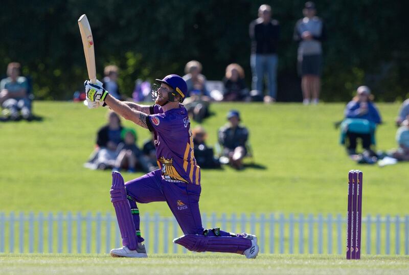 CORRECTING SCORE TO 93 RUNS England cricketer Ben Stokes watches as he hits a ball for six runs during his innings of 93 runs in his match for the Canterbury Kings against the Otago Volts in a Twenty/20 match Christchurch, New Zealand, Thursday, Dec. 14, 2017.The New Zealand-born allrounder has been suspended from playing for England while police investigate his role in the September 25 incident in Bristol which followed a limited-overs international against the West Indies. (AP Photo/Mark Baker)