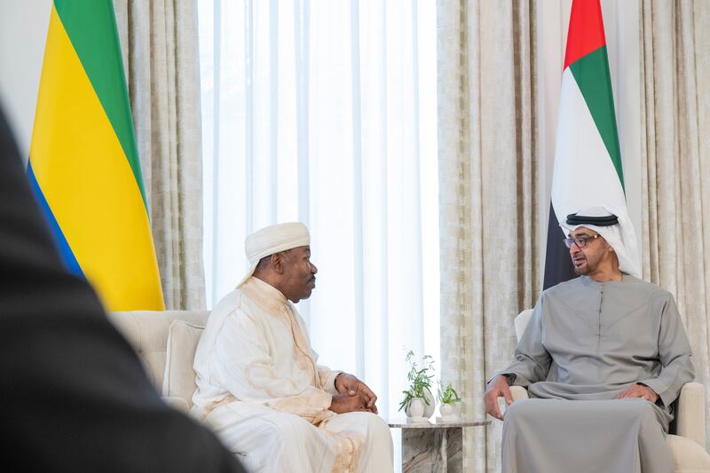 President Sheikh Mohamed meets Gabon's President Ali Bongo Ondimba at Al Shati Palace. All photos: UAE Presidential Court 