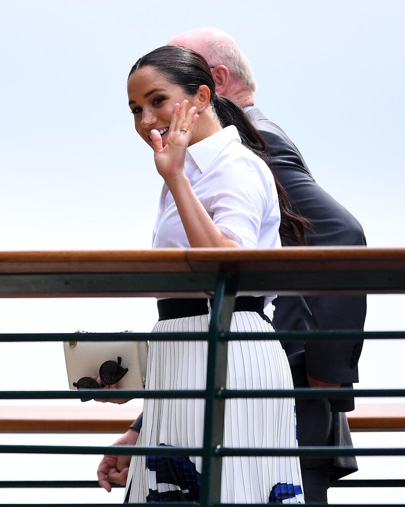 The Duchess of Sussex arrives on day twelve of the Wimbledon Championships at the All England Lawn Tennis and Croquet Club, Wimbledon. Photo: PA