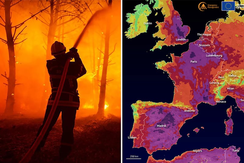 A firefighter tackles a forest fire at La Test-de-Buch, southwestern France. Europe's fire warning forecast, right, shows many more blazes are likely amid record temperatures. AP/EPA