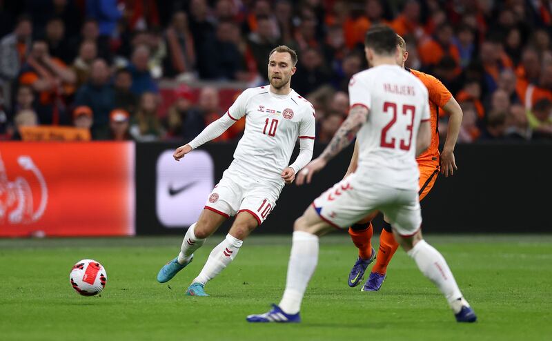 Christian Eriksen plays a pass during Denmark's match against the Netherlands. Getty