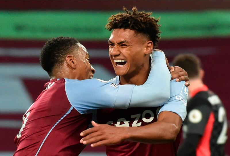epa08721083 Aston Villaâ€™s Ollie Watkins (R) celebrates with Ezri Konsa (L) scoring a goal during the English Premier League match between Aston Villa and Liverpool FC in Birmingham, Britain, 04 October 2020.  EPA/Rui Vieira / POOL EDITORIAL USE ONLY. No use with unauthorized audio, video, data, fixture lists, club/league logos or 'live' services. Online in-match use limited to 120 images, no video emulation. No use in betting, games or single club/league/player publications.