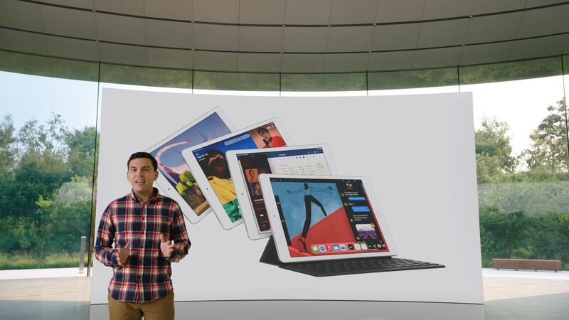 Ted Merendino unveils the eighth-generation iPad during a special event at Apple Park in Cupertino, California. AFP
