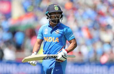 India's Kedar Jadhav leaves the field after being dismissed by West Indies' Kemar Roach during the Cricket World Cup match between India and West Indies at Old Trafford in Manchester, England, Thursday, June 27, 2019. (AP Photo/Aijaz Rahi)