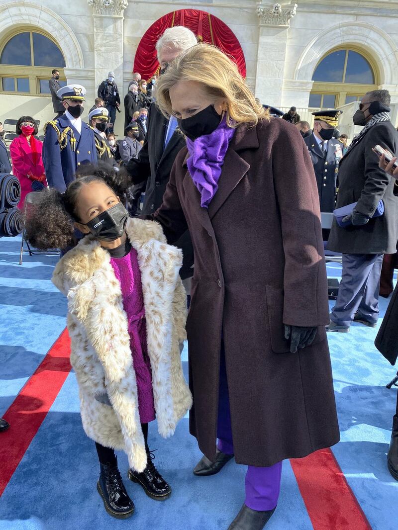 Amara Harris, the great niece of Vice President Kamala Harris poses for a picture with Hilary Clinton. Twitter/ @meenaharris