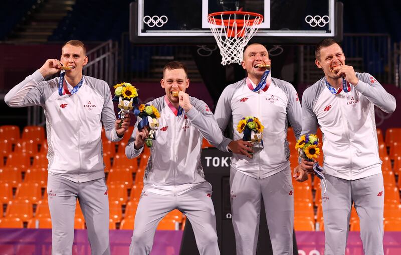 Men's basketball 3x3 gold medallists Agnis Cavars, Edgars Krumins, Karlis Lasmanis and Nauris Miezis of Latvia.