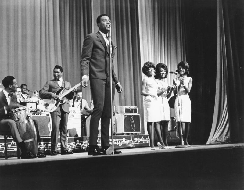NEW YORK - 1962: R&B singer Marvin Gaye performs onstage at the Apollo Theater with female R&B vocal group 'Martha & The Vandellas' in 1962 in New York City, New York. (Photo by Michael Ochs Archives/Getty Images)