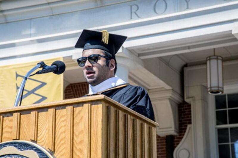 “Choose to be present for each other, even after you leave here today,” actor Kal Penn advised members of DePauw University’s Class of 2014 this morning. “Continue to read books, encourage the arts, talk with people who disagree with you, do crazy things, be selfless, share moments of love, remember what matters, do not make it rain,” he added. Courtesy DePauw University